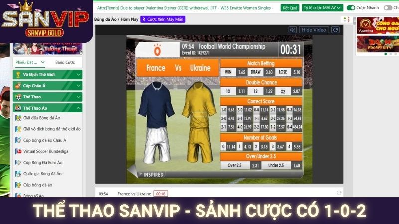 Thể Thao SANVIP - Trải Nghiệm Cá Cược Thể Thao Đỉnh Cao 1 Thể thao SANVIP - Sảnh cược có 1-0-2